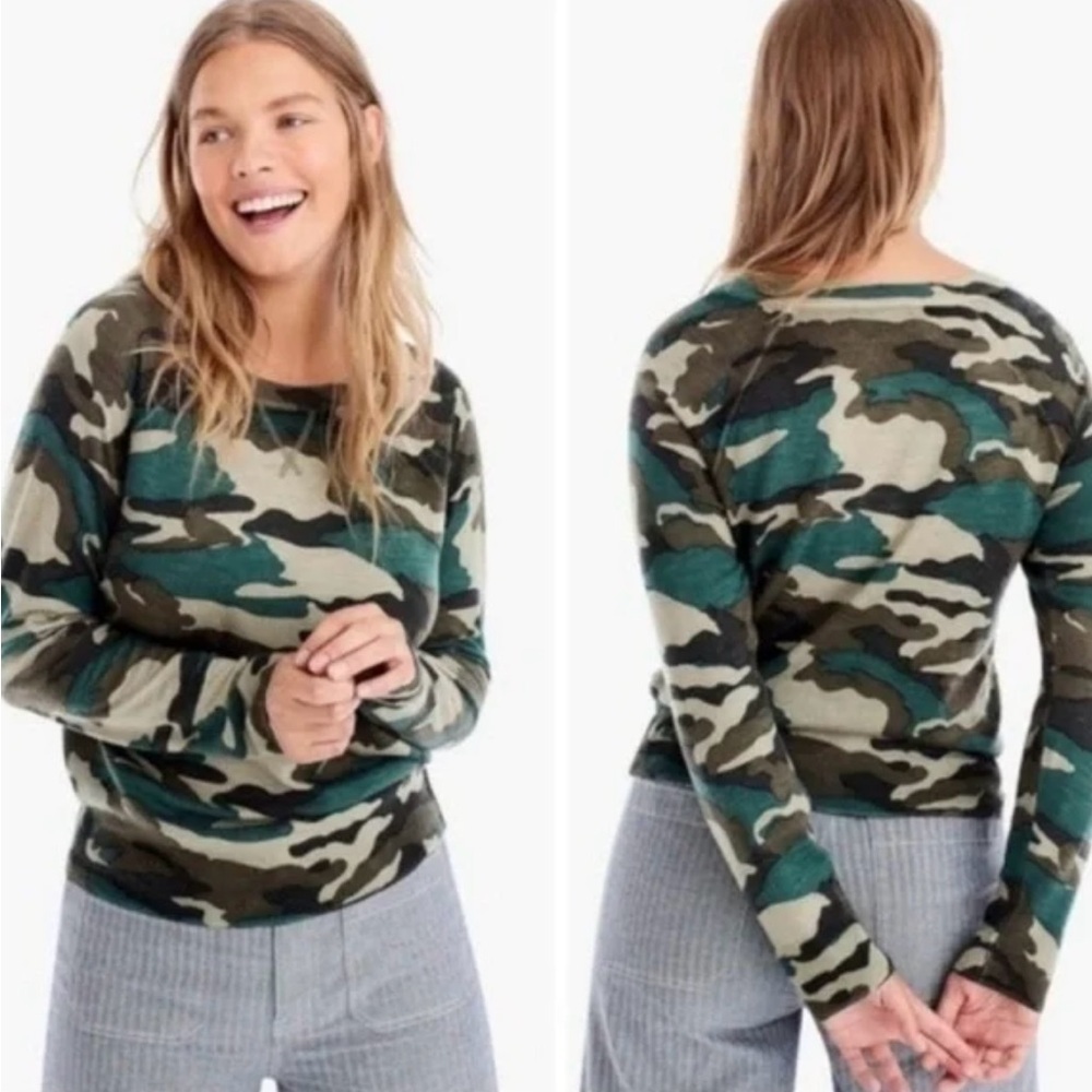 J. Crew Merino Wool Crew Neck Light Sweater in Green Brown Camo Sz. Medium - Picture 7 of 15